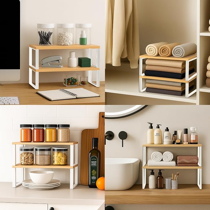 Sben Cabinet Organizer Shelf, Set of 2 Kitchen Counter Shelves, Kitchen Storage, Spice Rack, Stackable, Expandable, Metal and Engineered Wood, Cloud White and Natural Beige - Image 7