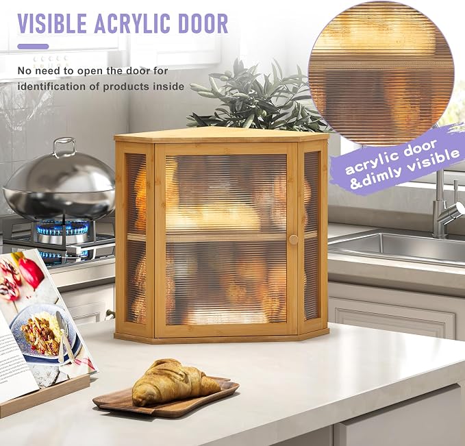 Corner Bread box for Kitchen Countertop,Farmhouse Bread Box with Acrylic Wavy Door Panel,Large Bread box for kitchen countertop,Food Storage Container (Natural, Extra Large) - Image 4
