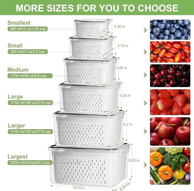 CAPHONT Fruit Containers for Fridge 6 Pcs 2-in-1 Large Fridge Food Storage Container Set with Lids with Strainer 6 Size Clear Vegetable Storage Containers Keep Fruits, Vegetables, Meat Fresh Longer - Image 2