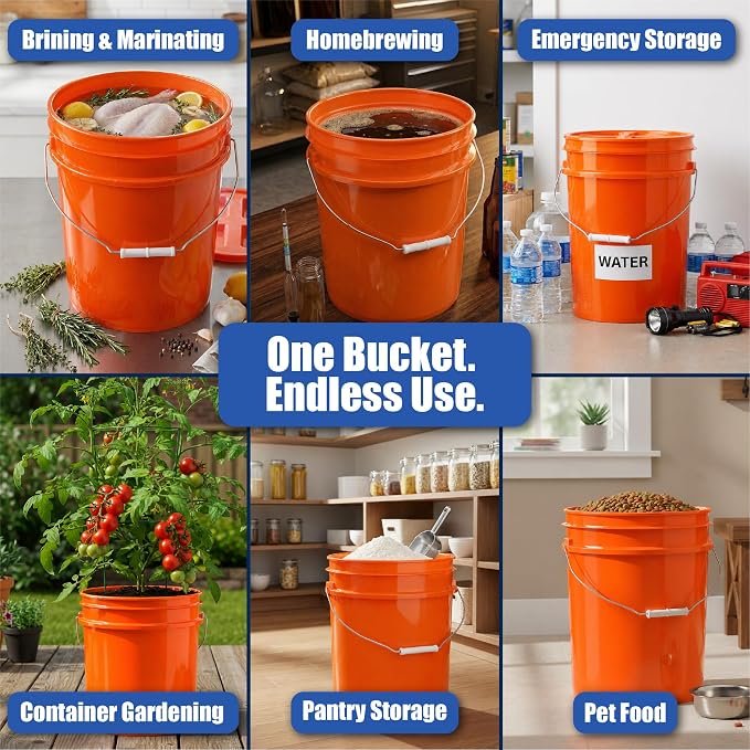 5 Gallon Bucket - Food Grade Bucket with Airtight Gasketed Tear Strip Lid, BPA-Free, Heavy-Duty 90 Mil HDPE Plastic Pail, Bulk Storage, Durable Container, Made in USA - Orange, 6 Packs | Airtight Gasketed Tear Strip Lid, Heavy-Duty 90 Mil HDPE Plastic ... - Image 3