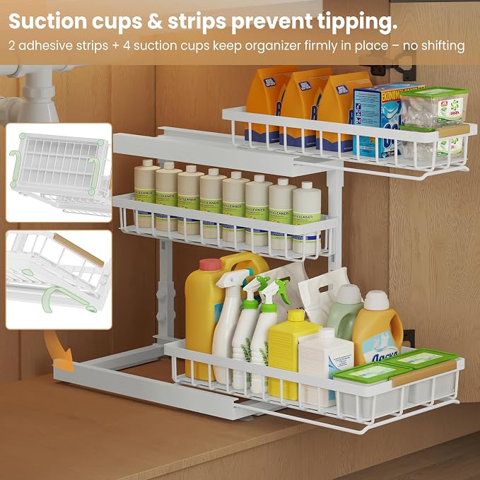 Under Sink Organizer and Storage 3 Tier Cabinet Pull Out Shelf Organizers | 2 Pack 3 Tier under sink storage for Bathroom and Kitchen Slide Out Drawer Organization for Home Cabinets Shelves and Drawers - Image 6