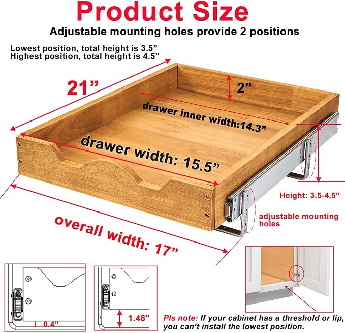 DINDON 1 Tier Pull Out Cabinet Organizer (17"W x 21"D) Single Tier Heavy Duty Slide Out Wood Drawer Under Cabinet Shelf Organization Storage - Image 2