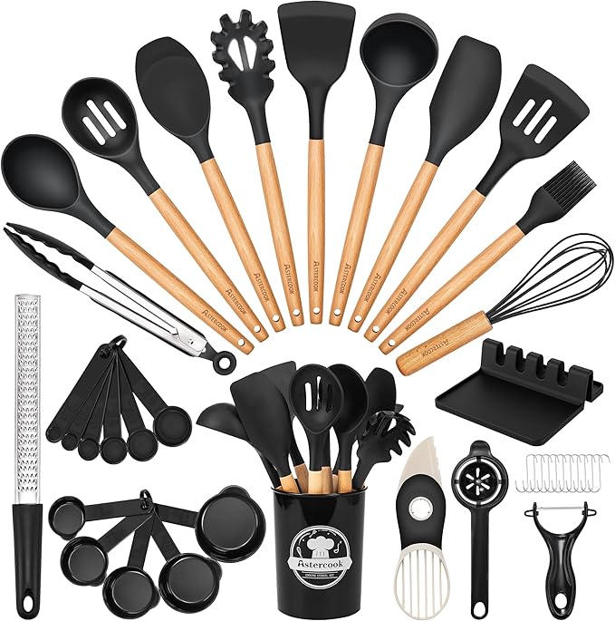 Astercook 39 PCS Kitchen Utensils Set, Silicone Cooking Utensil Sets with Wooden Handle, 446°F Heat Resistant Food Grade Spatula Set, BPA Free Kitchen Gadgets Tools Set & Spoons for Nonstick Cookware by Astercook