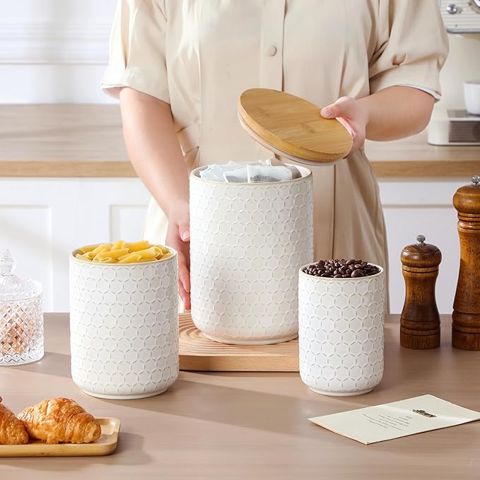 MALACASA LYDIA Ceramic Canisters Set with Airtight Lids, 80/40/20 oz Coffee Canisters Sets for the Kitchen, Large Jars for Flour, Sugar, Pasta, Coffee, Cookies, Tea - Set of 3, Hexagon - Image 6