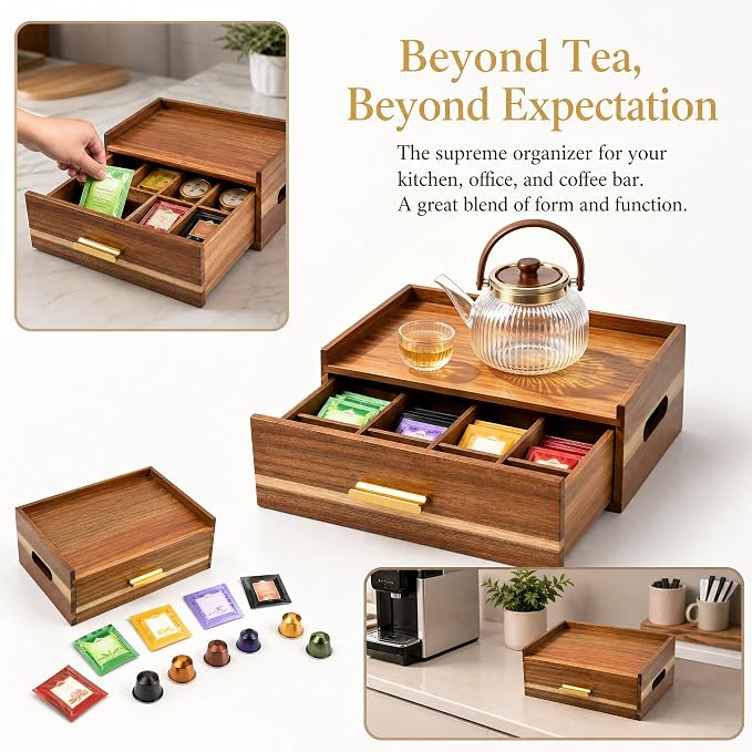 Acacia Wood Tea Bag Organizer 8 Compartment Storage Box & Organizer with Drawer Tea Bag Holder Container Chest,Coffee Station Sugar Packet Display for Countertop, Pantry, Office Cabinet - Image 4