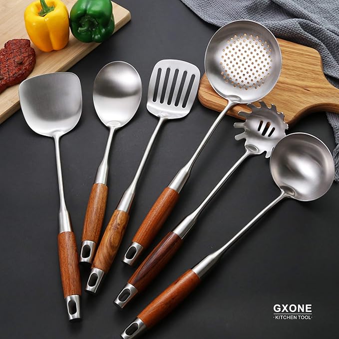 Slotted Spoon,Strainer Skimmer Ladle for Cooking and Frying,15.8Inch | 304 Stainless Steel,Wooden handle,Strainer Skimmer Ladle,Strainer Pasta Spoon,For Kitchen Cooking - Image 6