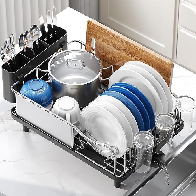 Urackify Stainless Steel Dish Drying Rack for Kitchen Counter, Black | Rustproof Dish Rack with Utensil Holder, 16.9" L x 12.4" W Large Capacity, Auto Drain Dish Drainer for Plate Dish Sliverware - Image 8