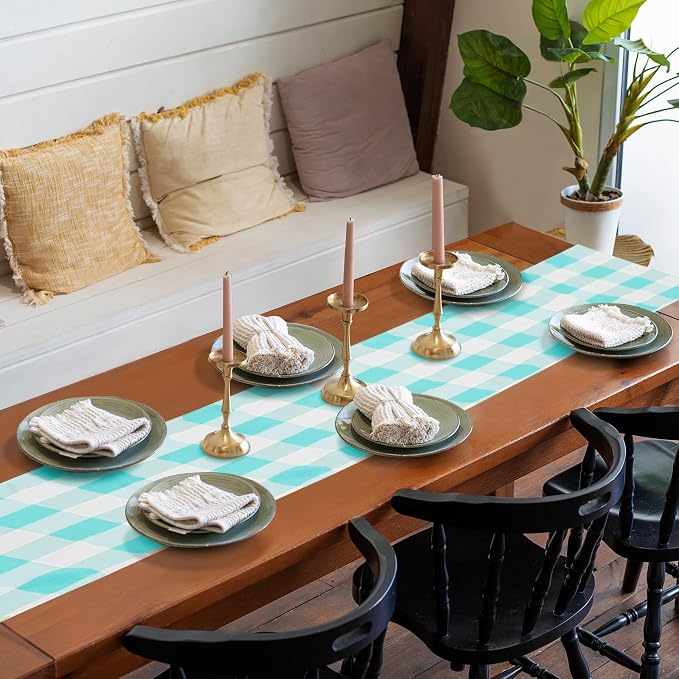 Cupuamon Fabric Checkered Table Runner 12 Pack Waterproof Gingham Table Runner 14W x 108L Buffalo Check Table Runners for Parties Kitchen Dining Wedding Banquet (Aqua and White) - Image 7