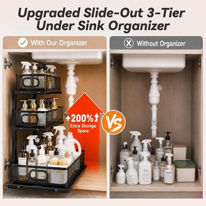 3-Tier Under Sink Organizer 2-Pack Organization for Bathroom Kitchen,Black | Thickened Metal Pull Out Cabinet Shelf Height Adjustable Slide Out Drawer Storage Rack for Pantry Laundry Home Office - Image 2