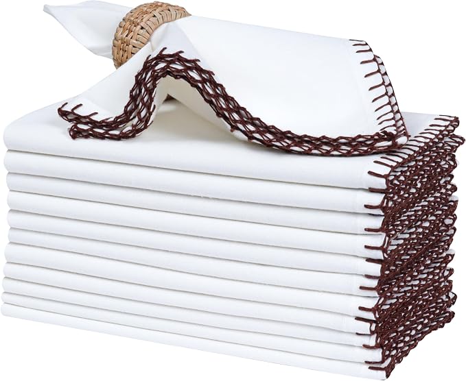 Bedding Craft Cotton Cloth Dinner Napkins Set of 12 – 18x18 Hot Chocolate Brown Cloth Napkins with Blanket Stitch Selvedge – Reusable Fabric Napkins for Wedding Receptions, Dining & Table Décor by BeddingCraft