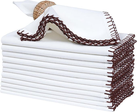 Bedding Craft Cotton Cloth Dinner Napkins Set of 12 – 18x18 Hot Chocolate Brown Cloth Napkins with Blanket Stitch Selvedge – Reusable Fabric Napkins for Wedding Receptions, Dining & Table Décor by BeddingCraft