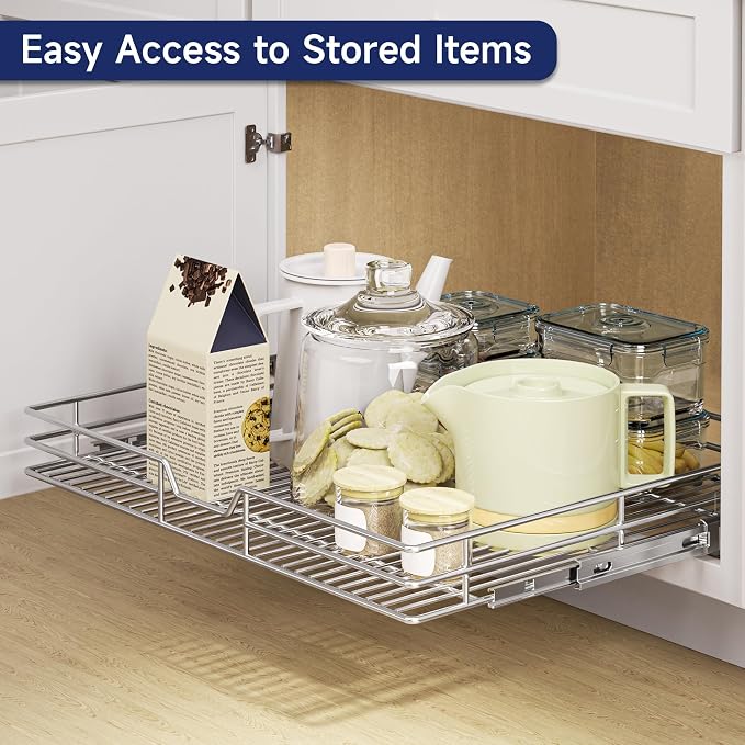 Pull Out Cabinet Organizer, 27" W x 21.5" D, Heavy Duty Chrome Slide Out Shelf for Wide Base Cabinets, Sliding Wire Basket Drawer for Pots, Pans, Appliances & Pantry Storage - Image 6