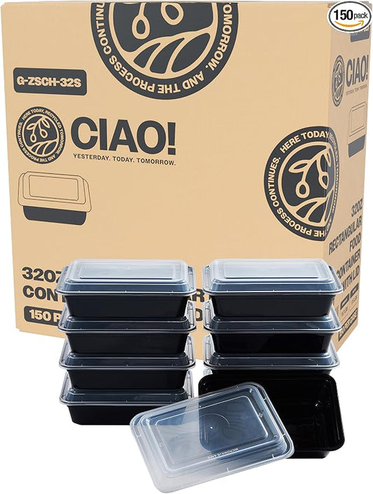 CIAO! Heavy Weight 32oz Injection Molded Microwavable Black Rectangular Food Container with Lid (150/case) by Ciao