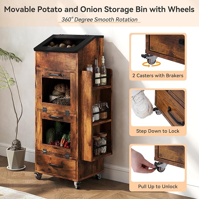 Verano Garden 16.0" Potato and Onion Storage Bin on Wheels, Bread Box | Fruit and Vegetable Organizer, Rolling, Side Rack, Flip-top, Mesh Doors, 4-Tier, Grocery Section, Ventilated, Wood, Kitchen - Image 5