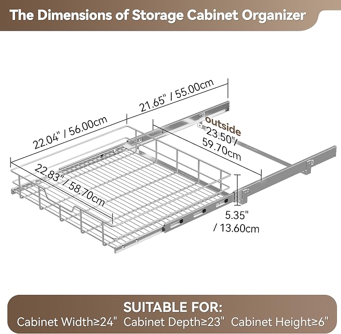 Pull Out Cabinet Organizer 24" W X 22" D, Chromed, Full Slide Out Drawers | For Kitchen Organizers and Storage, Pull Out Drawers For Cabinets Capacity Heavy Duty Caddy, Cabinet Shelves, Bathroom Pantry - Image 2