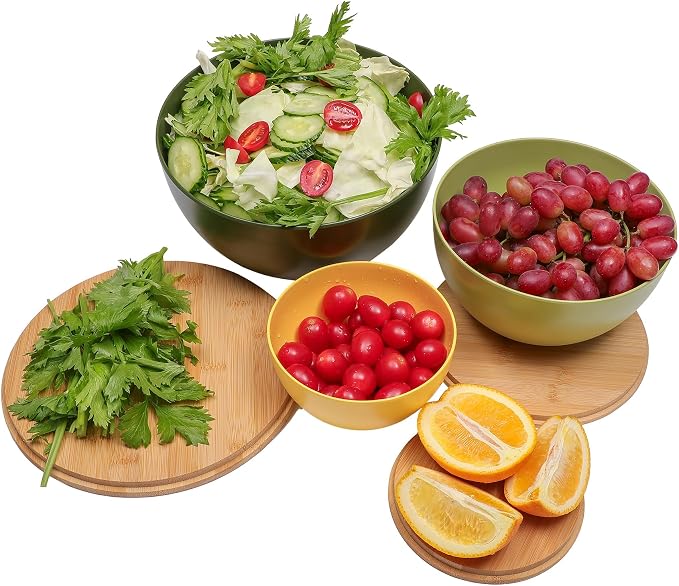 ECOWAY Salad Bowl Set of 3 with Bamboo Lids, Mixing Bowl Set, Nesting Bowls for Space Saving Storage, Made with Durable Eco-Friendly Bamboo Fiber, Great for Prepping and Serving Food (3 Colors) - Image 6