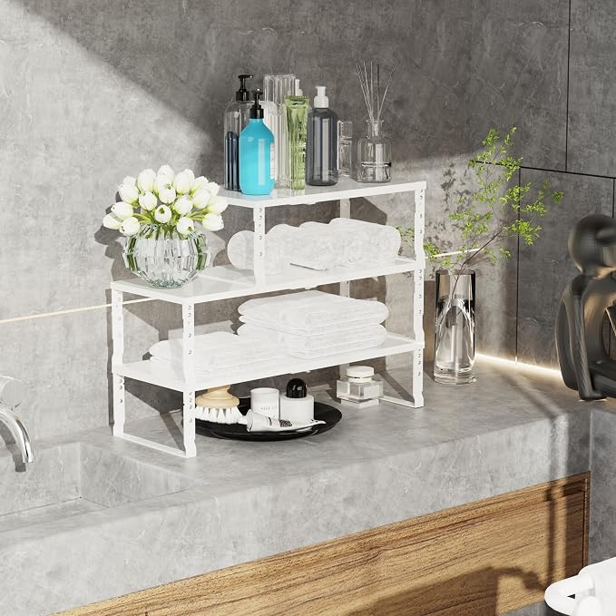 Jojocross Expandable Stackable Spice Rack Organizer for Kitchen Cabinet,Adjustable Counter Shelf, countertop, Pantry,Cupboard,Bathroom,Bedroom(3Packs/White/Medium) - Image 5