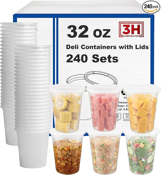 32 oz Food Storage Containers with Lids (240 Set/480 Piece) Deli Soup Containers, Freezer Microwave Safe, BPA-Free Plastic, Stackable Snack Leakproof Leftover Organizers & To-Go by 3HCORPORATION