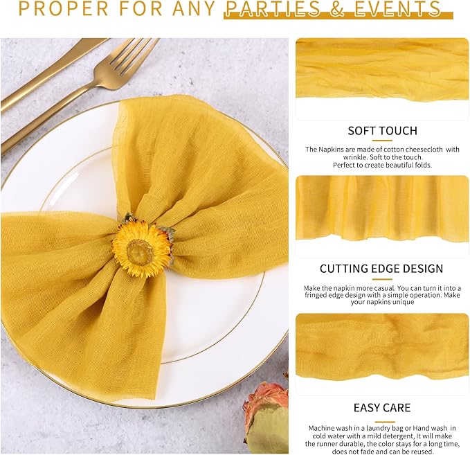 100 Pieces Cloth Napkins Gold Dinner Cheesecloth Napkins for Wedding,Wrinkled Cloth Napkins Bulk for Home Party Rustic Table Decoration, 17 x 17 Inch - Image 3