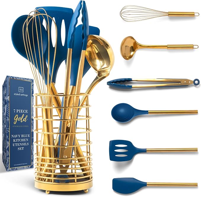 Styled Settings Gold and Navy Blue Kitchen Utensils Set, 7-Piece | Silicone Cooking Tools for Nonstick Cookware with Utensil Holder - Stylish Cooking Gifts for Modern Kitchens by STYLEDSETTINGS