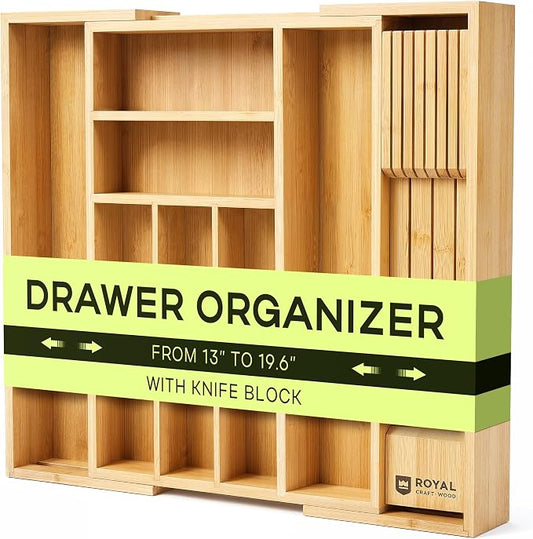 Drawer Organizer for Kitchen Organization – Expandable Bamboo Silverware Drawer Organizer with Removable Knife Block, Bamboo Cutlery, Non-Slip Utensil Organizer with 7-Slot Knife Storage for Flatware by ROYALCRAFTWOOD