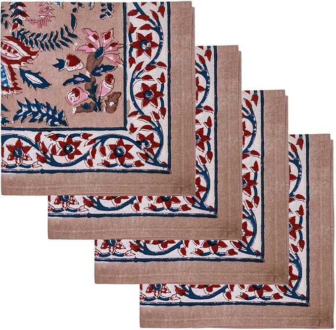 20x20 Inches Cotton Napkins Set of 4, Blue Red, Washable Hand Block Printed Reusable Cloth Napkins for Dinning, Party, Wedding, Home Decor Fall - Image 2