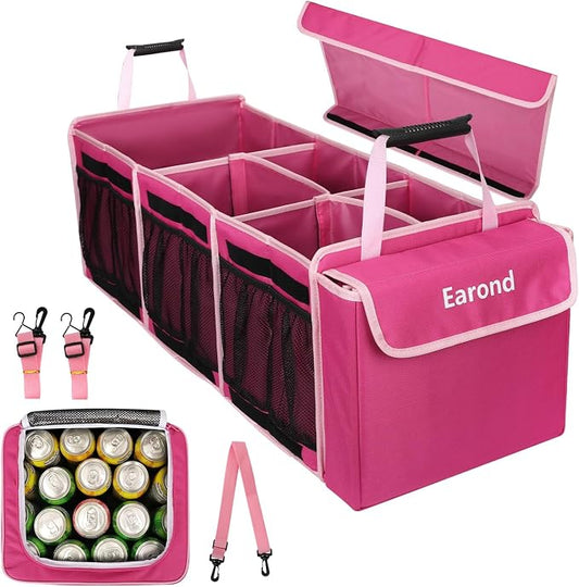 Collapsible Trunk Organizer with Insulated Leakproof Cooler Bag,Removable Lid,Adjustable Securing Straps,3 Compartments Trunk Organizer for SUV,Truck,Sedan(Pink) by EarondLabProducts