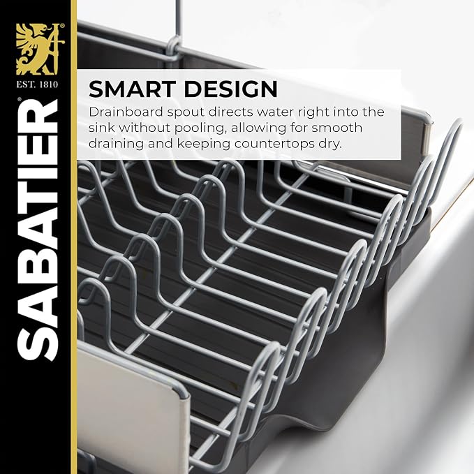Sabatier Compact 2-Tier Dish Drying Rack with Flatware Caddy and Knife Insert - Stainless Steel Dish Rack for Kitchen Counter, Space-Saving Drainer with Drainboard Spout - Image 3