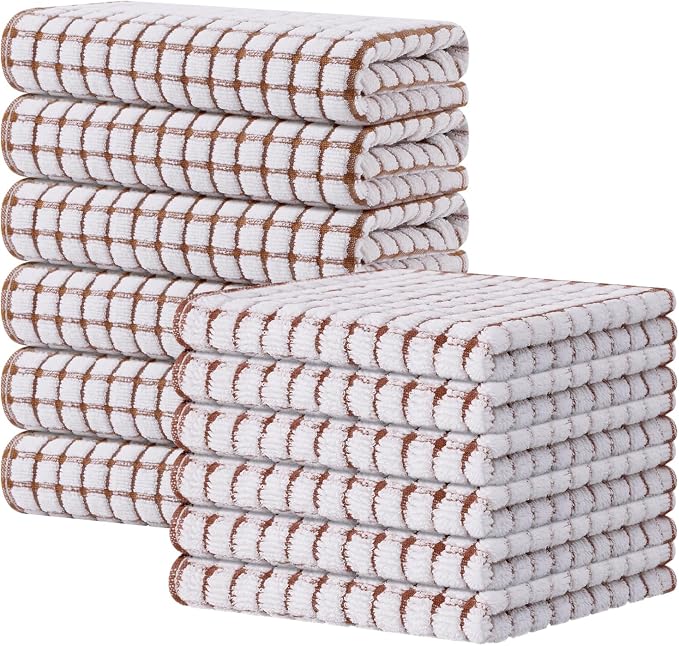 Kitinjoy Cotton 12 Pack Kitchen Towels and Dishcloths Sets, Brown | 16 x 25 Inch & 12 X 12 Inch Dish Towels Bulk, Super Soft and Absorbent hand towels for kitchen Drying by Kitinjoy