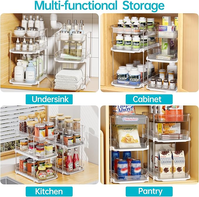 Delamu 2 Sets of 3-Tier Bathroom Under Sink Organizers and Storage, Multi-Purpose Stackable Pantry Organization and Storage, Pull Out Clear Kitchen Bathroom Cabinet Organizer with Movable Dividers | Storage - Image 4