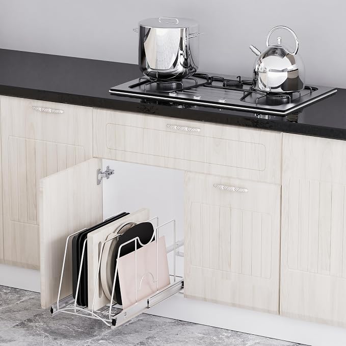 Pull Out Cookie Sheet Organizer, 10" W x 22" D x 11" H, Chrome | For Cabinet, Pan and Pot, Cutting Board, Bakeware, Tray Organizer Rack, Sliding Rack- Heavy Duty, Adjustable Divider Width - Image 6