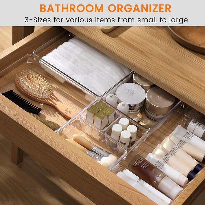 8 Pack Drawer Organizer for Kitchen Gadgets, Large Clear Plastic Drawer Divider for Kitchen Accessories, Bathroom Organizers and Storage, Home Essentials for Makeup and Vanity Accessories - Image 4