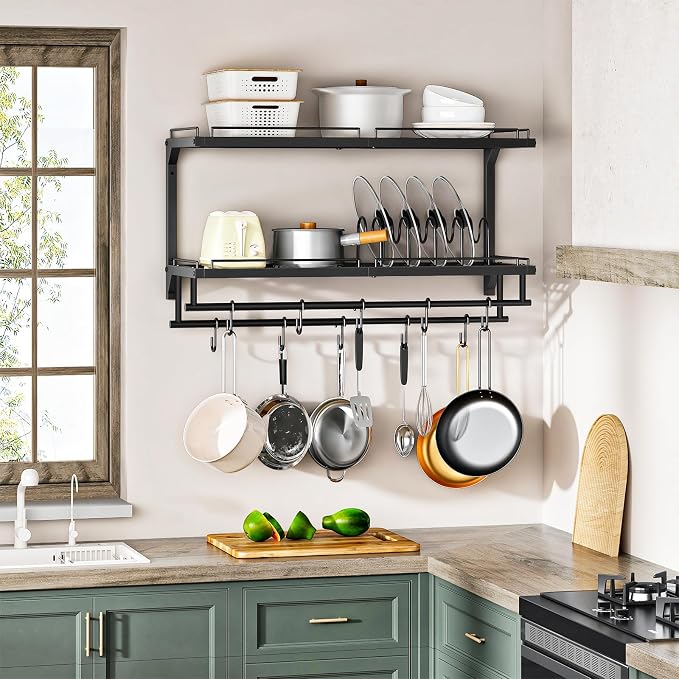 Pot Rack, Wall Mounted Pan Holder, 2-Tier Pot and Pan Organizer, Pot Hanger with 10 S-Shaped Hooks, Cookware Organizer with 5 Removable Metal Wire Dividers, Black TPR35BB - Image 2