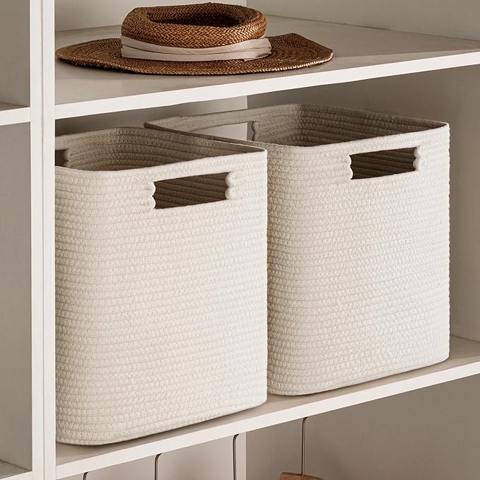 UBBCARE Set of 4 Storage Basket-12 X 12 X 12 in, Cotton Rope Baskets for Shelves, Toys, Book, Cube Storage Bins with Handles, Woven Storage Basket for Organizing, Beige - Image 6