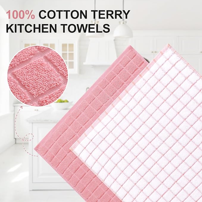 Homaxy Large Premium Cotton Kitchen Towels 16"x 28", 12 Pack, Pink | Natural Ring Spun 390 GSM Dish Towels, Super Absorbent Terry Kitchen Hand Towels, Soft Tea Towels with Hanging Loop - Image 2