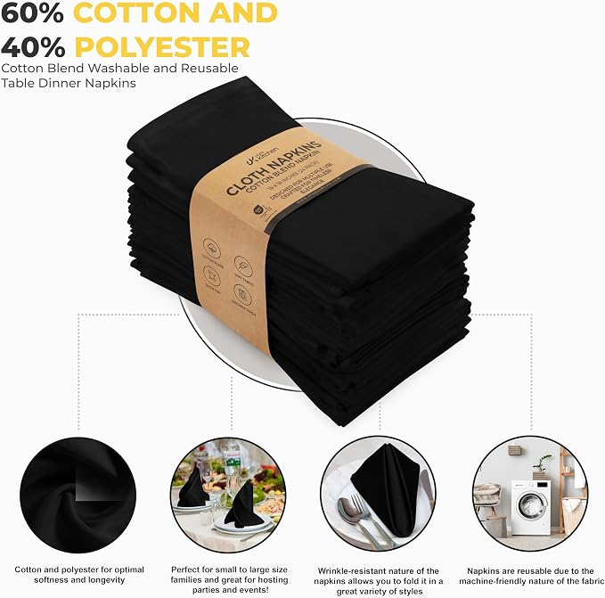 Utopia Kitchen Cotton Blend Black Cloth Napkins [24 Pack, 18x18 Inch] | Absorbent Washable and Reusable for Dinner, Restaurant, Lunch, Wedding and Hotel - Image 4
