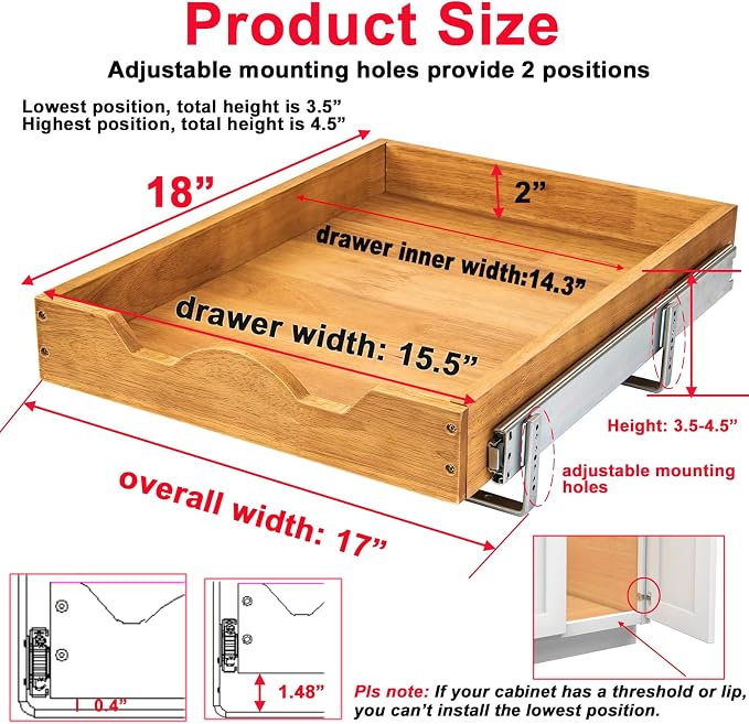 DINDON Pull Out Cabinet Organizer (17" W x 18" D) 1 Tier，Single Tier Oak Wood Under Cabinet Slide Out Shelf Drawer Box… - Image 2