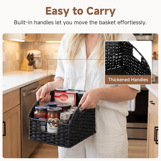 StorageWorks Pantry Organizers and Storage, Black Wicker Baskets, 2-Pack | Paper Rope Wicker Baskets with Handles, Handwoven Pantry Baskets for Shelves,Wicker Storage Baskets for Shelves,Black Baskets - Image 3