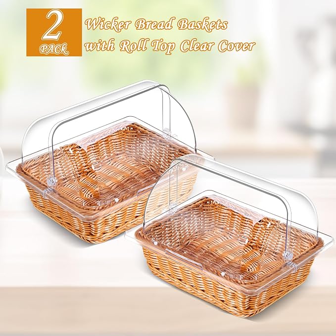 2 Set Wicker Bread Baskets for Serving with Clear Acrylic Roll Top Lid Woven Rattan Bread Basket Large for Fruit Food Picnic Summer Pool Party Outdoor BBQ(13.78 x 10.63 Inch,1 Compartment) - Image 4