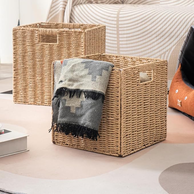 11x11x11 Cube Storage Bins Set of 4, Paper Rope Hand Woven Storage Basket with Handles, Collapsible Square Storage Cubes for Shelves, Wicker Shelf Baskets for Living Room Bedroom Organizing, Natural - Image 8