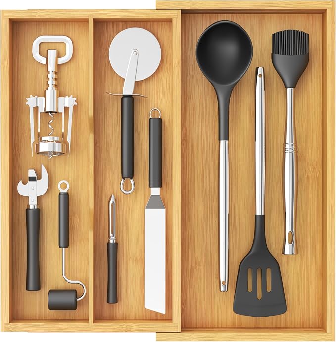 Lifewit Utensil Organizer for Kitchen Drawer, Expandable Cooking Utensil Tray, Cutlery Silverware Flatware Holder, Wood Adjustable Spatula Tools Storage Divider, 8.9-15.8 x 15.75, Natural by Lifewit