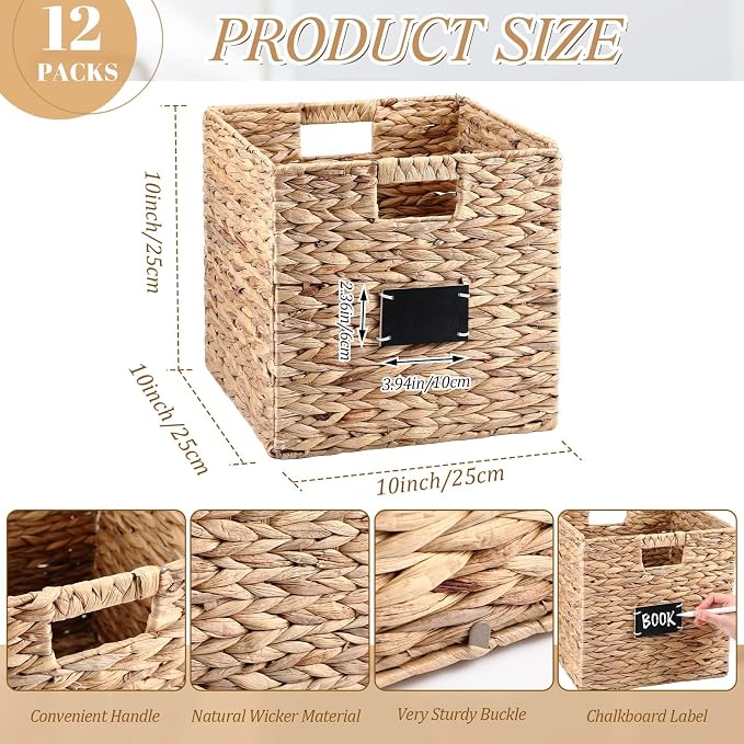 Jinei 12 Pcs Wicker Storage Basket Bulk, 10 x 10 x 10 Inch Handwoven Hyacinth Folding Cube Bin with Handles Labels for Shelves Pantry Laundry Organization - Image 2