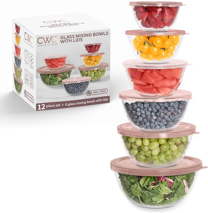 COOK WITH COLOR 12 Pc Glass Mixing Bowl Set with Lids – Borosilicate Glass Nesting Bowls for Cooking, Baking and Meal Prep, Pink by CookwithColor