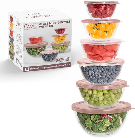 COOK WITH COLOR 12 Pc Glass Mixing Bowl Set with Lids – Borosilicate Glass Nesting Bowls for Cooking, Baking and Meal Prep, Pink by CookwithColor