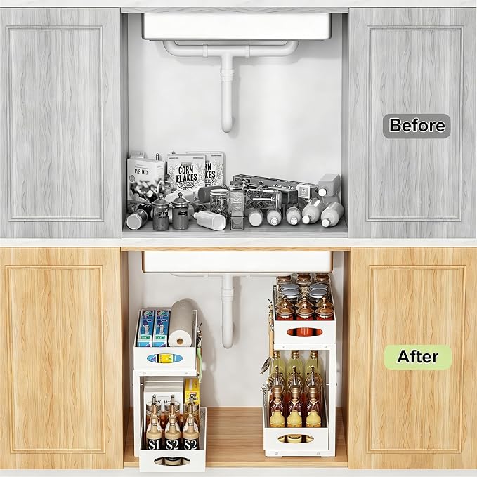 2-Pack Under Sink Organizer, 2-Tier Pull Out Cabinet Storage, White | Rustproof Carbon Steel, Mesh Sliding Drawers, 5-Level Height Adjustable to Bypass Pipes, for Kitchen, Bathroom, Laundry - Image 8