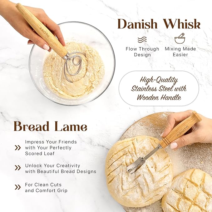 ABIOTO Sourdough Starter Kit with Bread Proofing Baskets & Tools, 24-Pieces | Complete Beginner Sourdough Bread Baking Supplies - Round & Oval Bannetons, Liners, Slings, Jar, Mat, Lame, Whisk, & Scrapers - Image 6