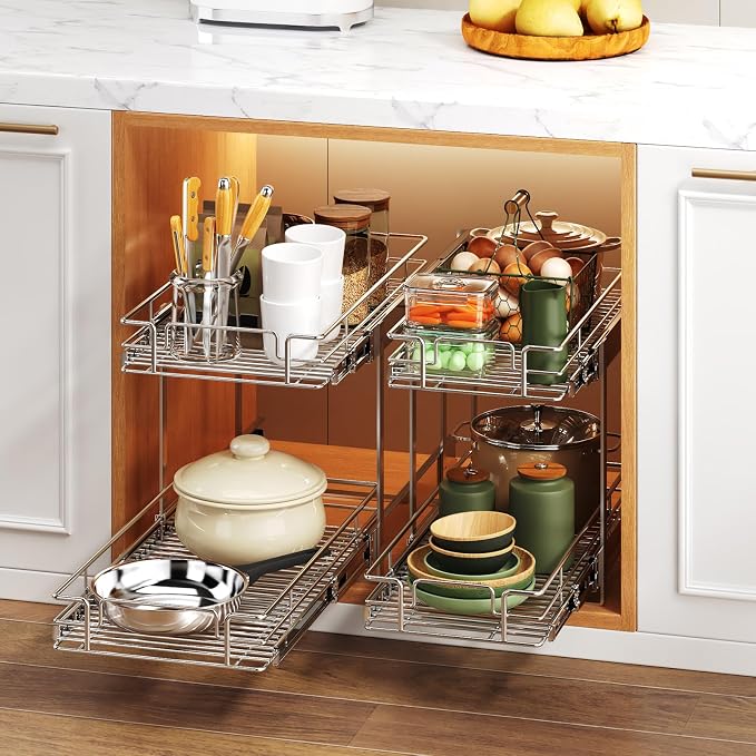 2 Tier Individual Pull Out Cabinet Organizer 13½" W x 18" D, Heavy Duty Cabinet Pull Out Shelves, Slide Out Drawers Organization for Kitchen Cabinets Bathroom - Image 6