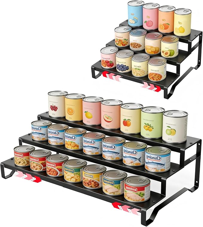 Expandable Can Organizer for Pantry, 3 Tier Metal Canned Food Storage | 13"-21" Adjustable Length, Tiered Reversible Shelf Design, Large-Capacity Storage for Pantry Kitchen Cabinets & Countertops by Attelite