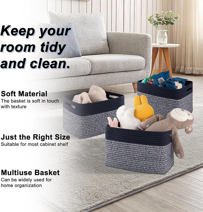 4 Pack Storage Baskets for Organizing, Woven Baskets for Shelves - Perfect for Toys, Books, Towels, and Clothes, Durable Gift Basket Bins Toy Storage, 12.7''L x9''W x7.8''H, Blue and Grey - Image 3
