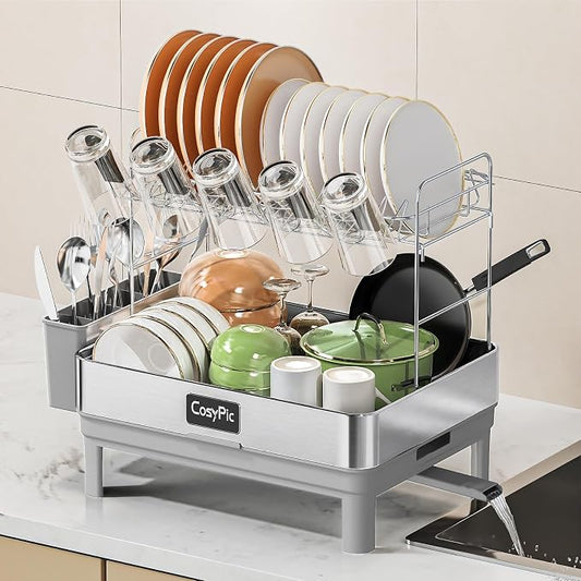 2 Tier Dish Drying Rack, Thicker Premium 304 Stainless Steel Dish Racks for Kitchen Counter, Automatic Drainage Spout, Dish Drainer & Drainboard Set with Utensil Holder and Cup Holder, Grey by CosyPic